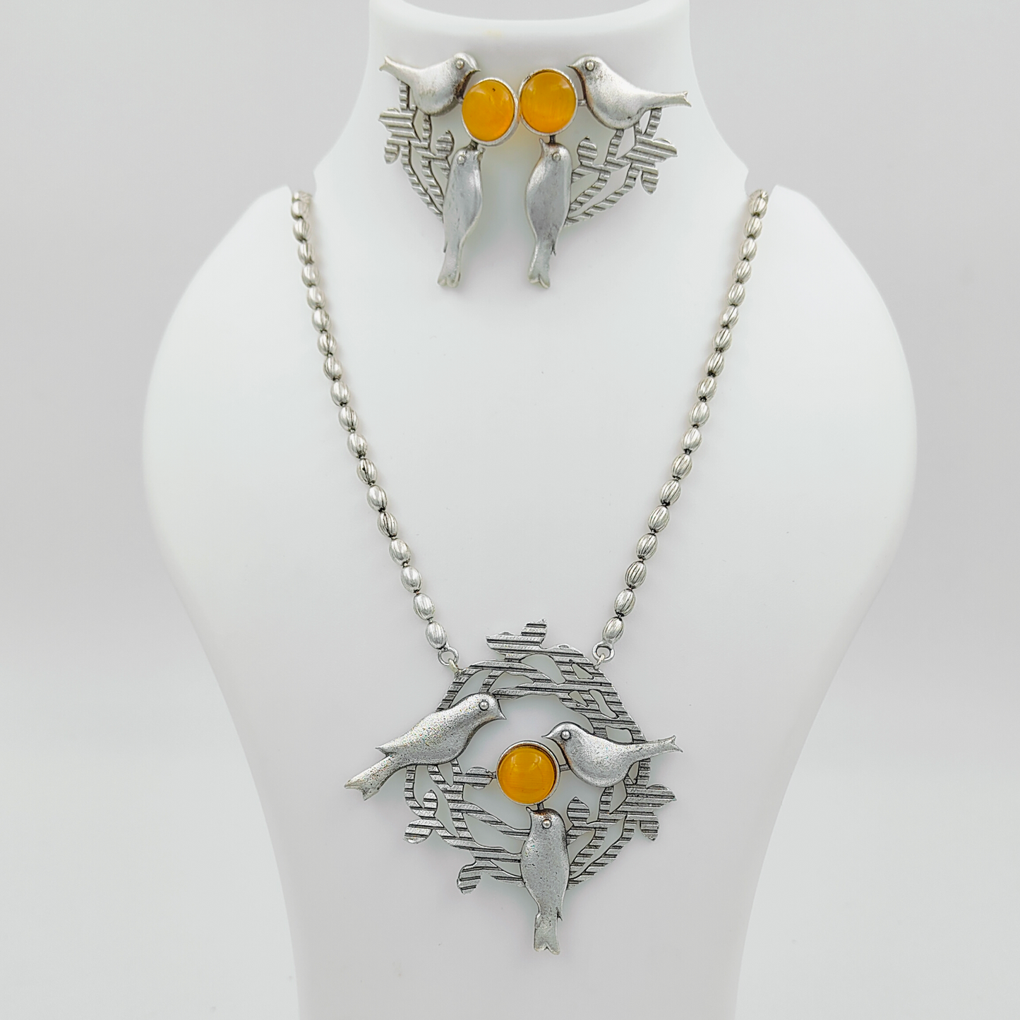 Birds Inspired Yellow Oxidised Silver Plated Long Chain Jewellery Set