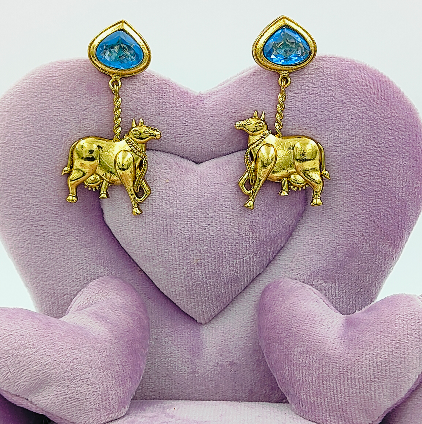 Cow Blue Stone Contemporary Oxidised Drop Earrings