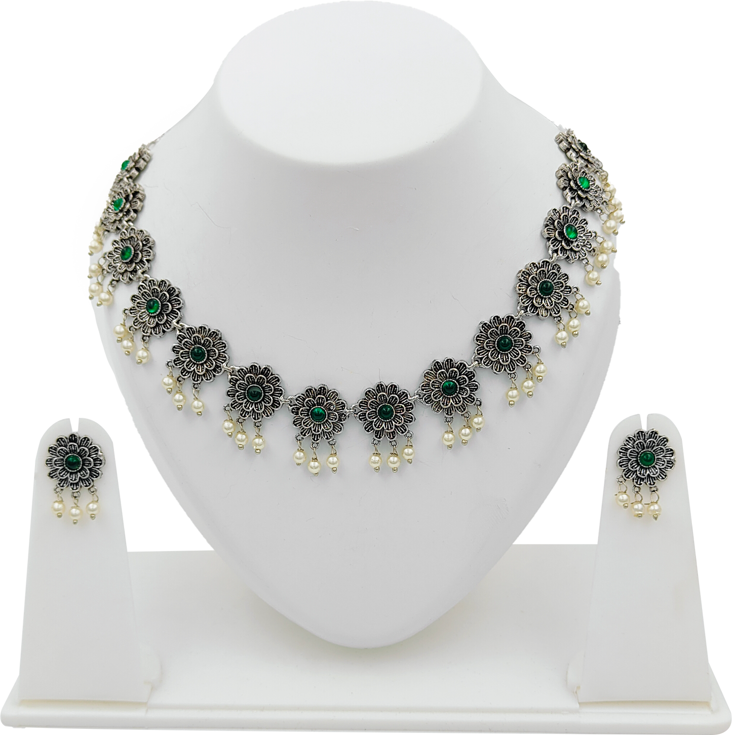 Dark Green Oxidised Silver Plated Jewellery Set
