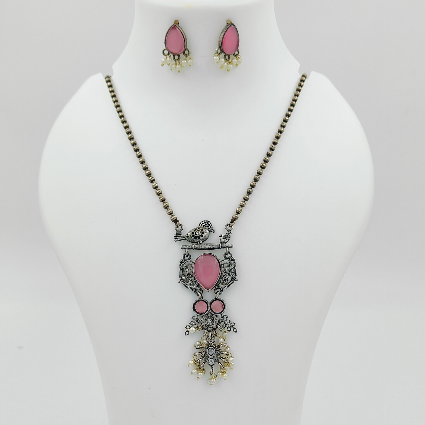 Enchanting Bird Pink Silver Plated Stone Studded Jewellery Set