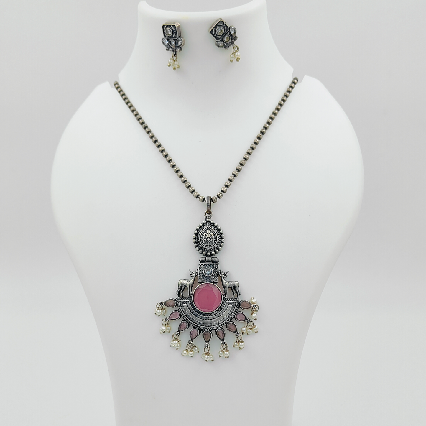 Enchanting Deer Pink Silver Plated Stone Studded Jewellery Set