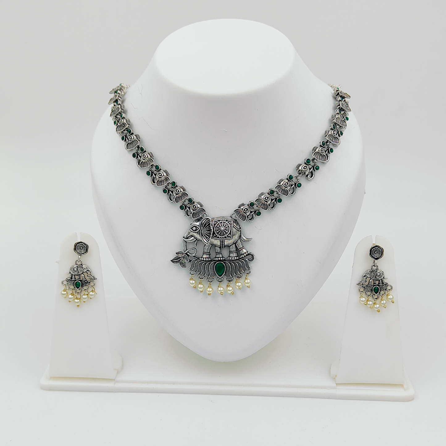 Green Elephant Oxidised Silver Plated Jewellery Set