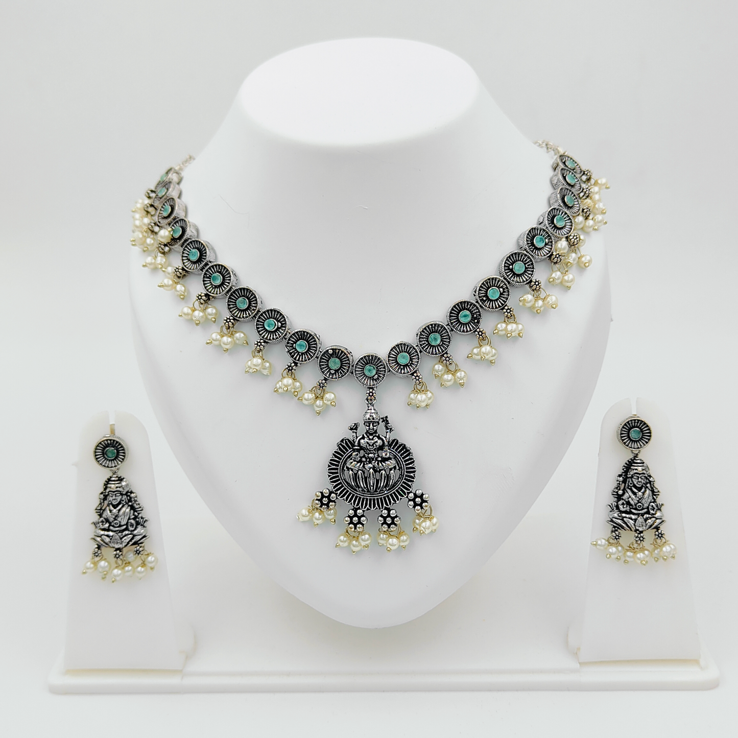 Goddess Laxmi Green Oxidised Silver Plated Jewellery Set