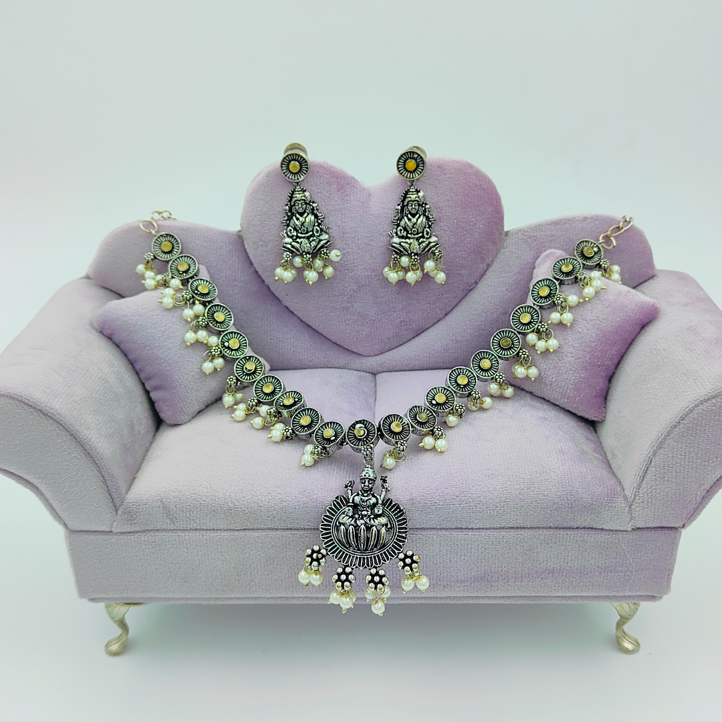Goddess Laxmi Yellow Oxidised Silver Plated Jewellery Set