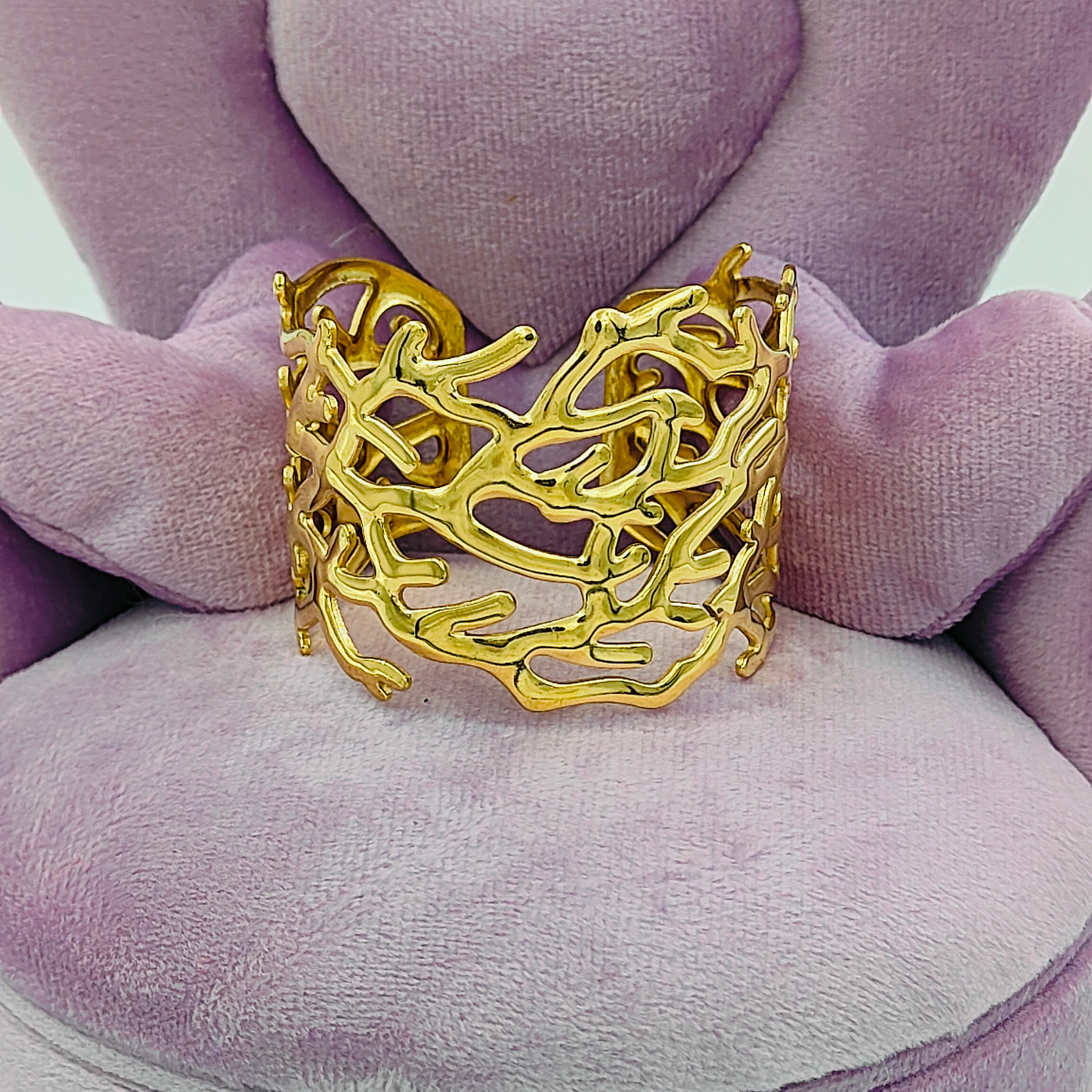 Gold tone coral pattern wide hand cuff statement bracelet