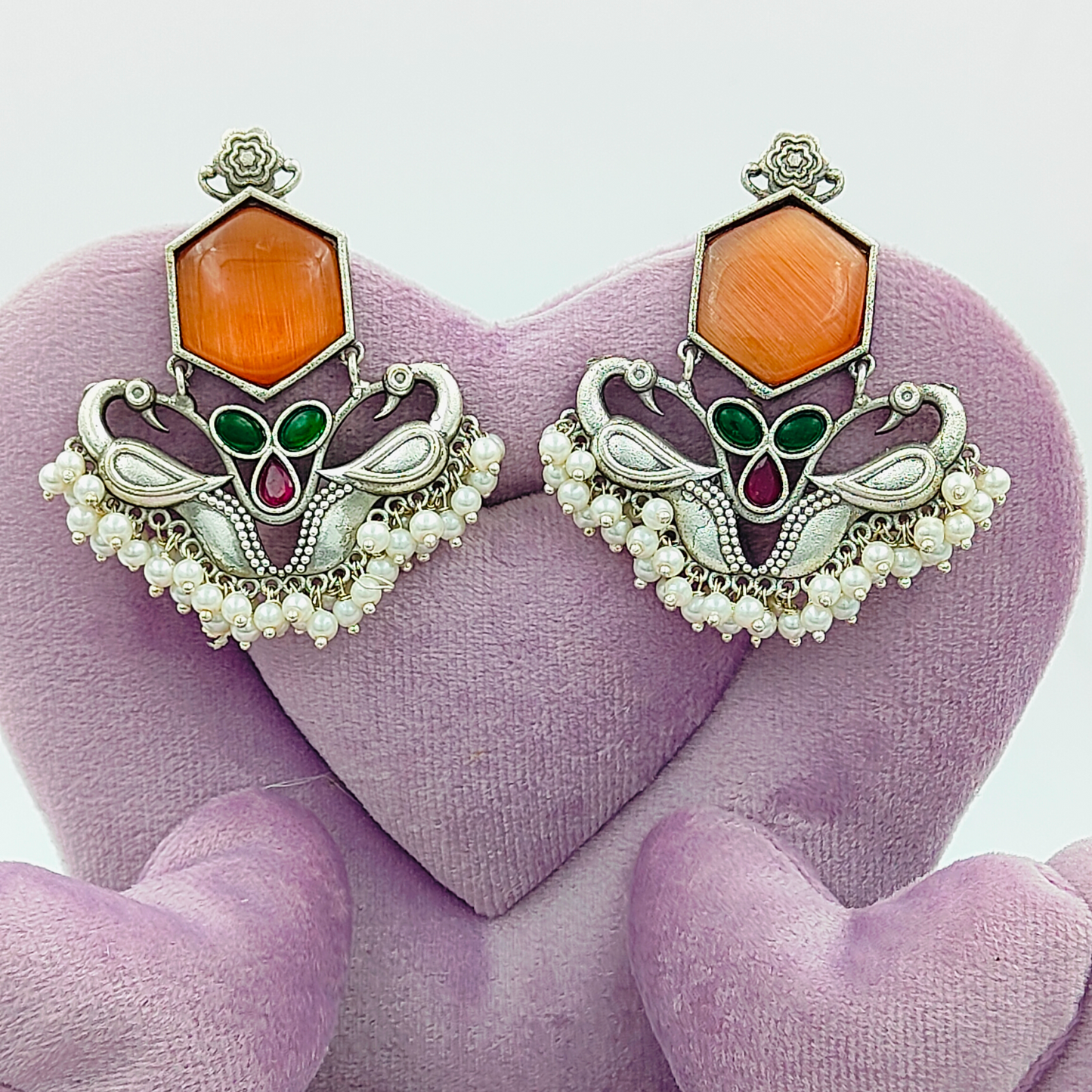 Orange Peacock Monalisa Silver Oxidized Earrings