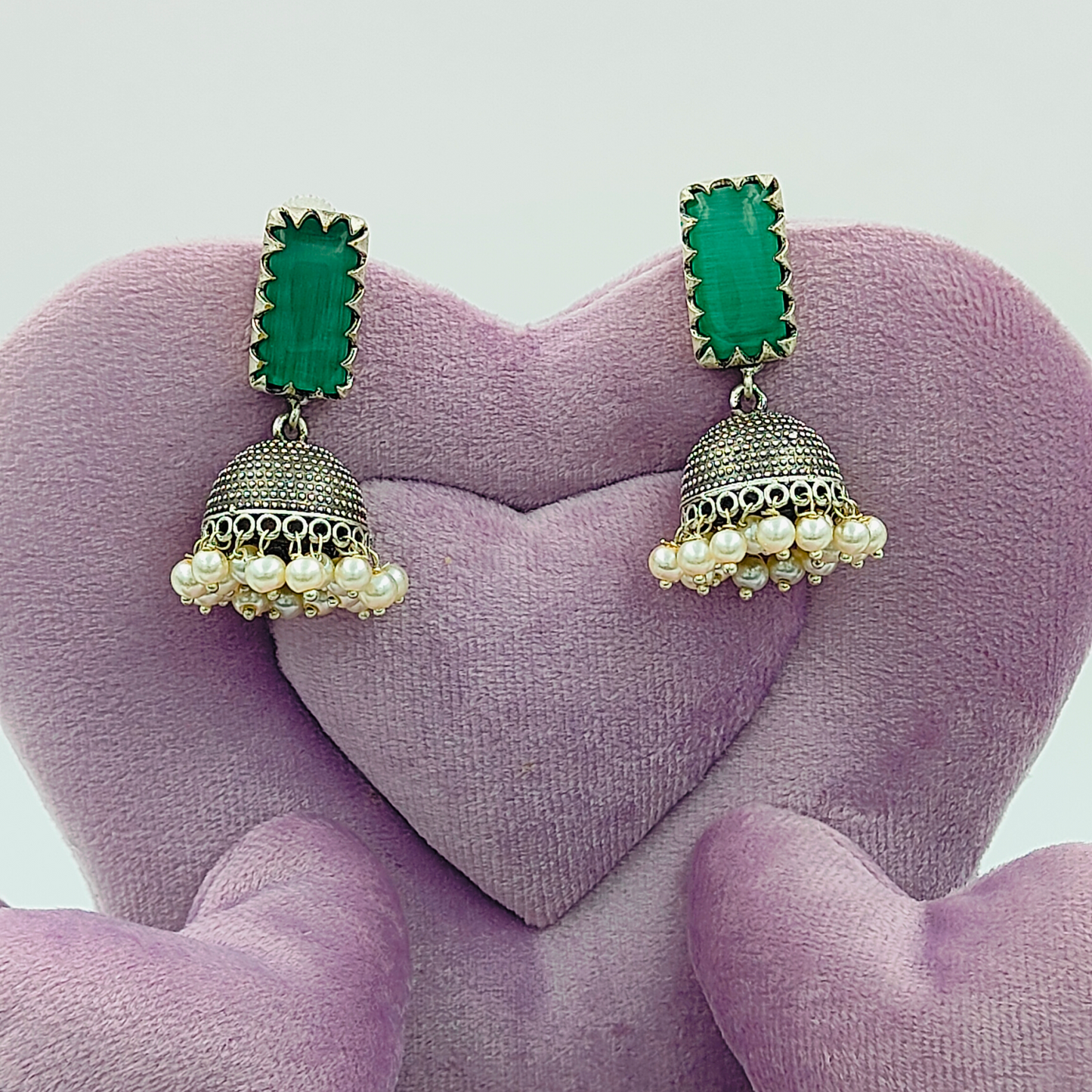 Oxidised Emerald Green Stone Silver Finish Jhumka