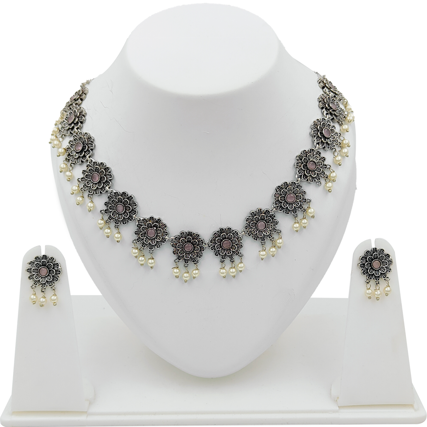 Pink Oxidised Silver Plated Jewellery Set