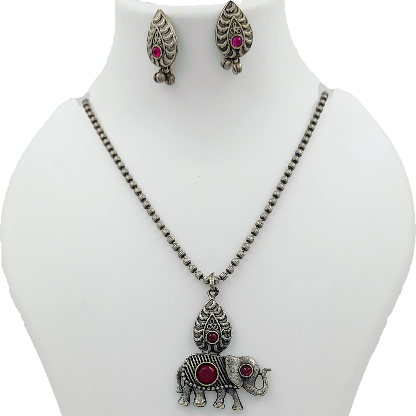 Trending Elephant Magenta Pink Stone Silver Plated Jewellery Set