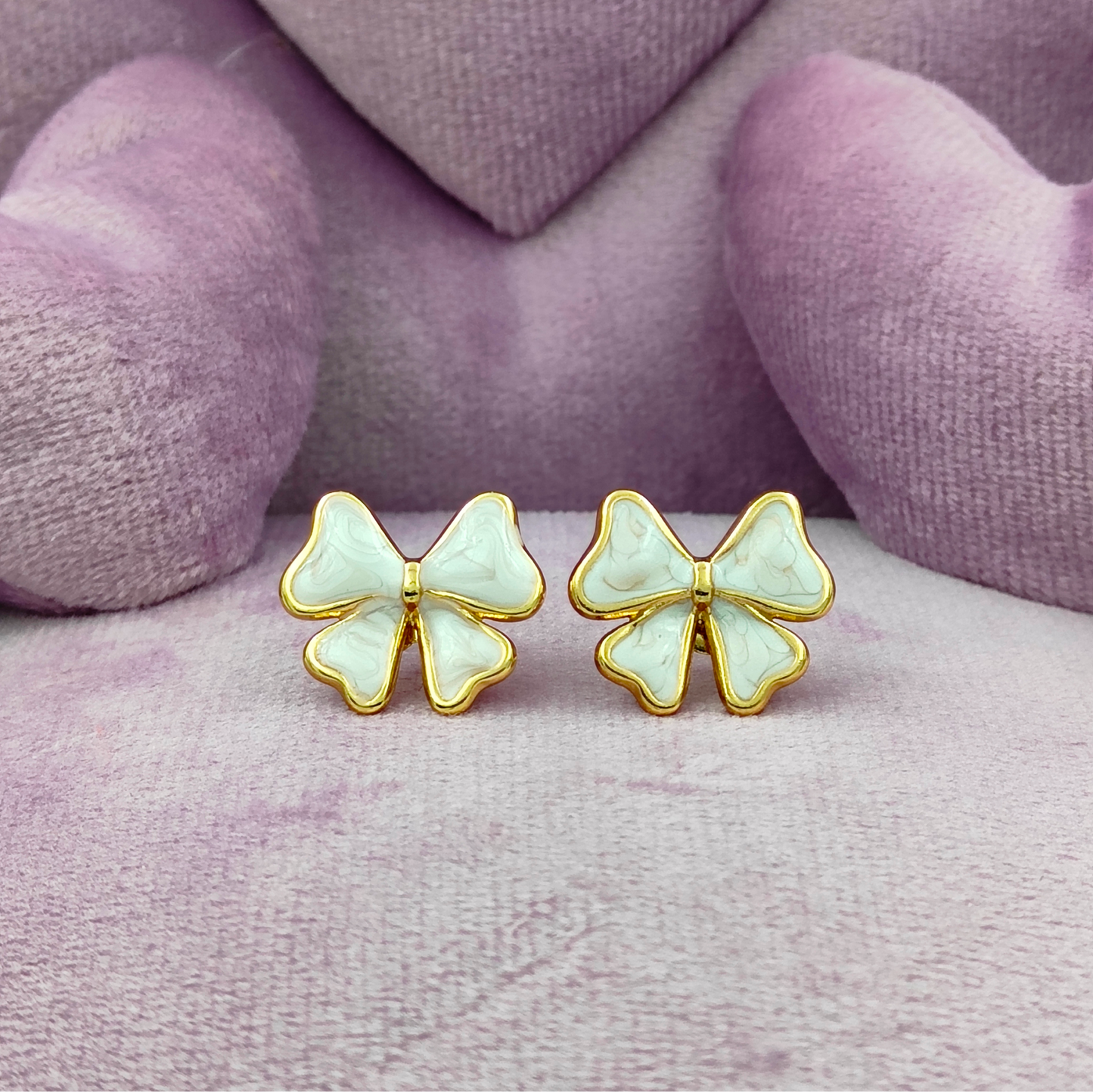 White Little Cute Bow Gold Plated Earrings