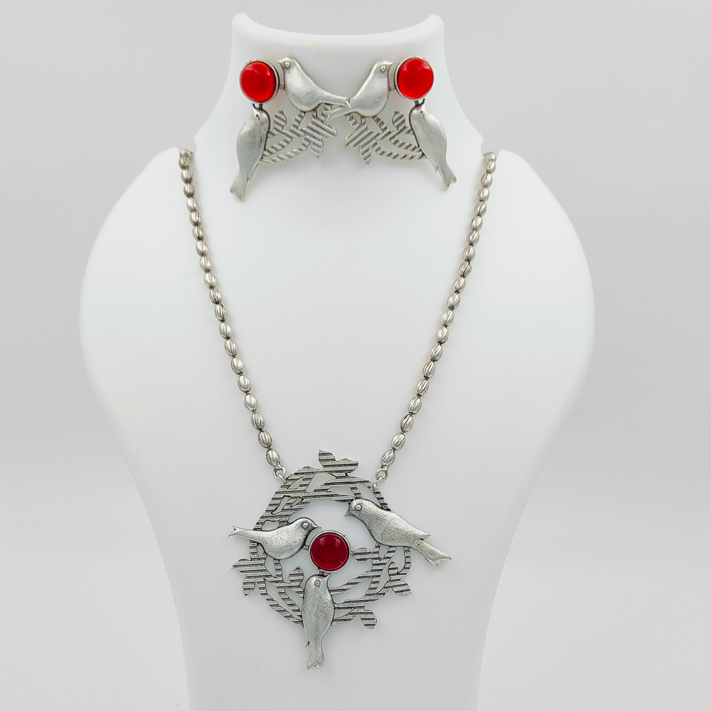 Birds Inspired Red Oxidised Silver Plated Long Chain Jewellery Set