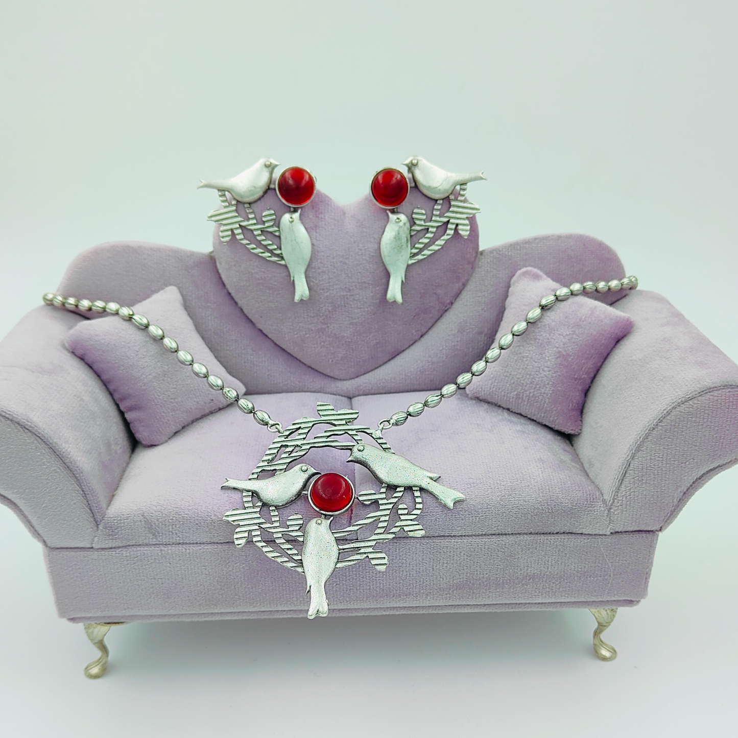 Birds Inspired Red Oxidised Silver Plated Long Chain Jewellery Set