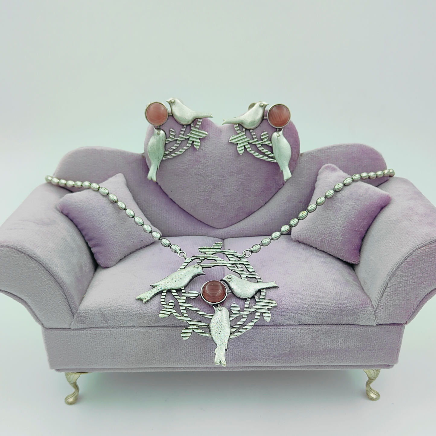 Birds-Inspired Peach Pink Oxidised Silver Plated Long Chain Jewellery Set