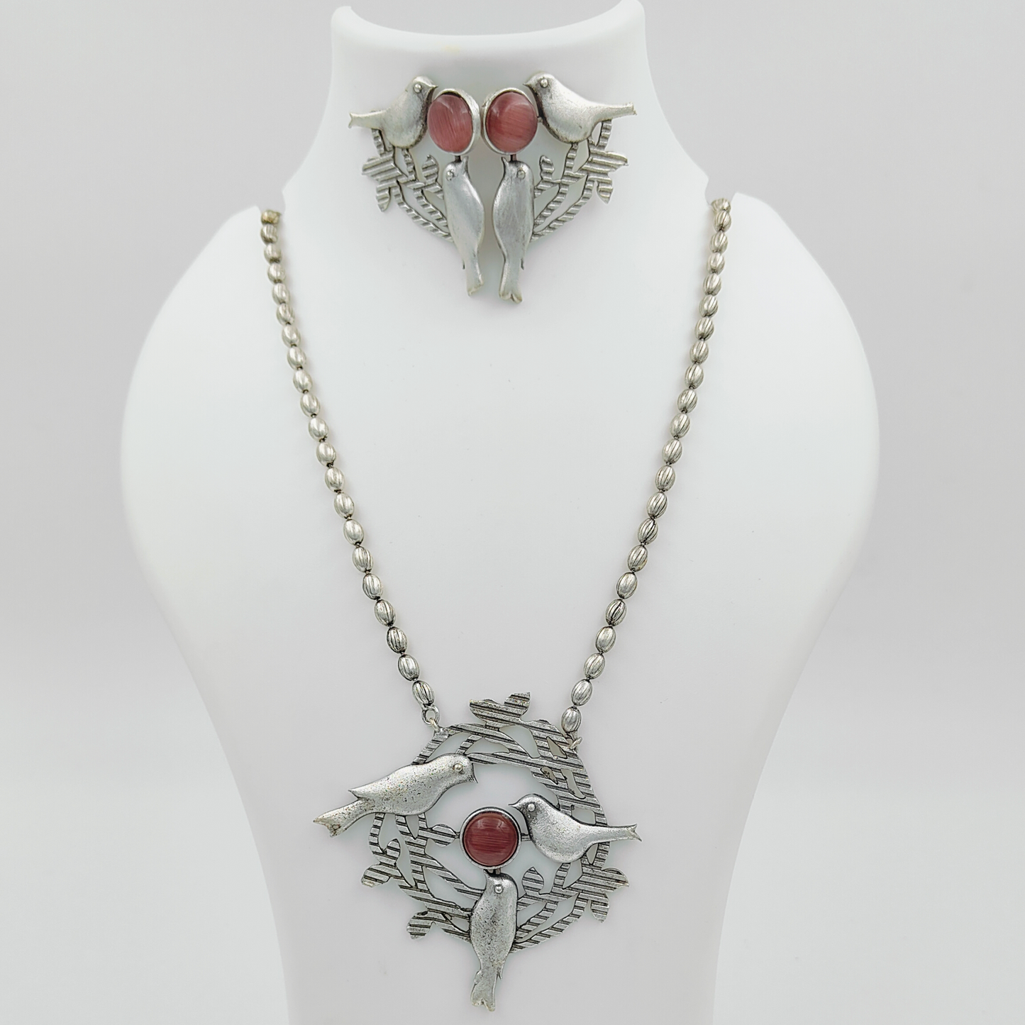 Birds-Inspired Peach Pink Oxidised Silver Plated Long Chain Jewellery Set