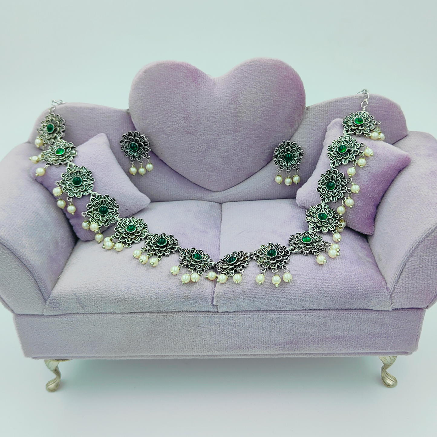 Dark Green Oxidised Silver Plated Jewellery Set