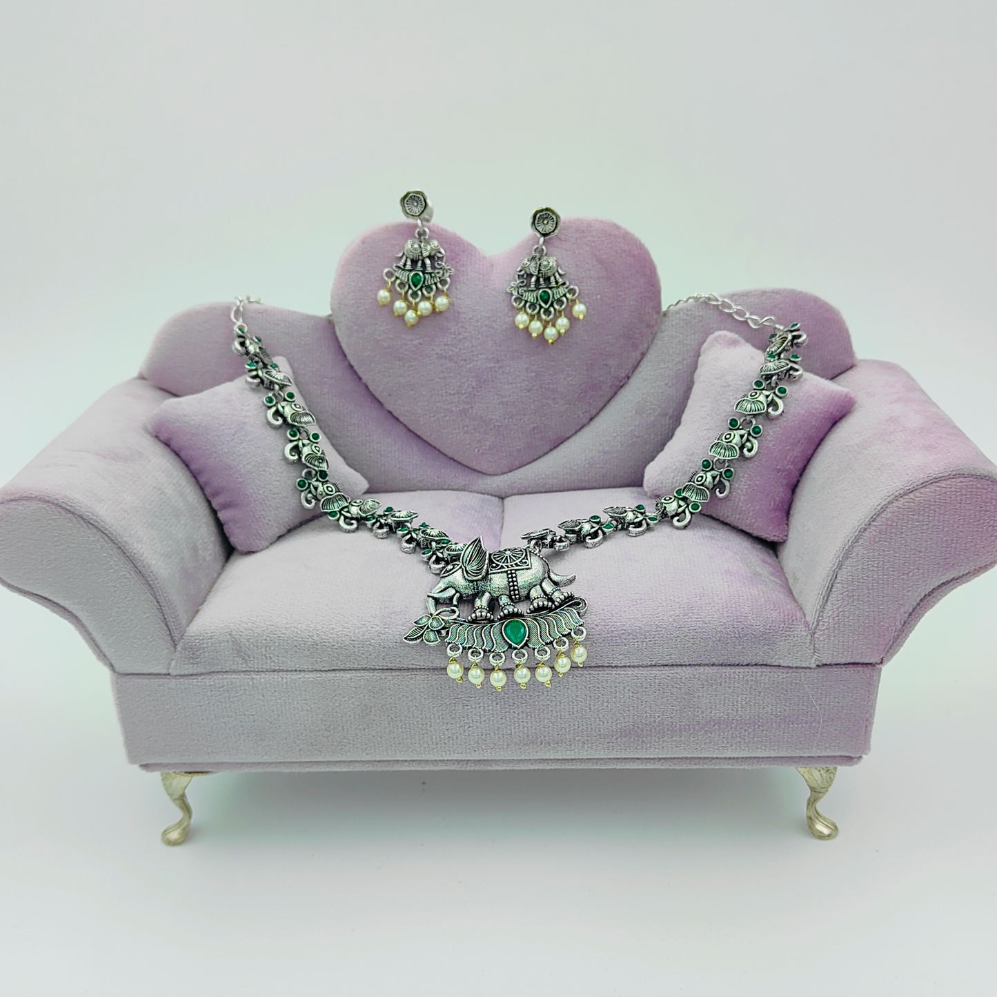 Green Elephant Oxidised Silver Plated Jewellery Set