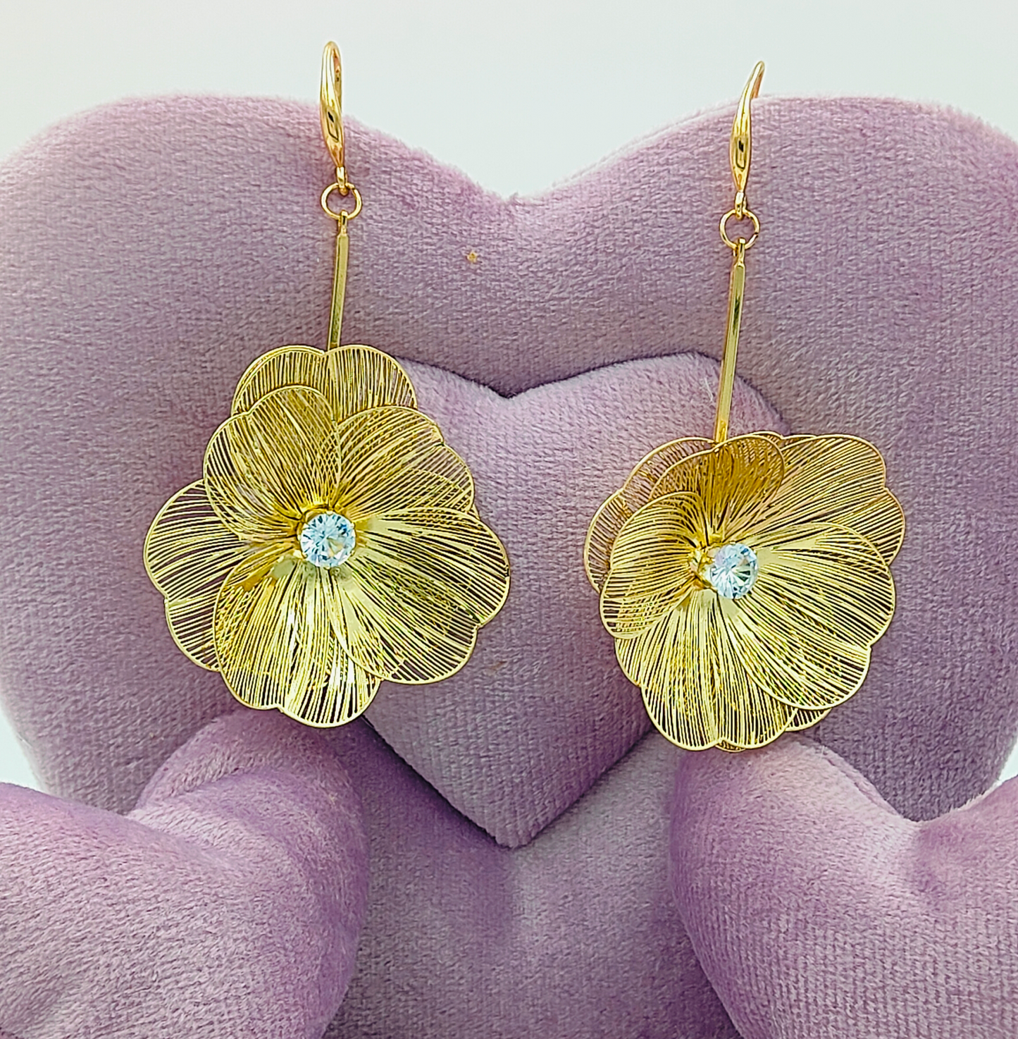 Golden Blossom Drop Earrings With Central Gemstone