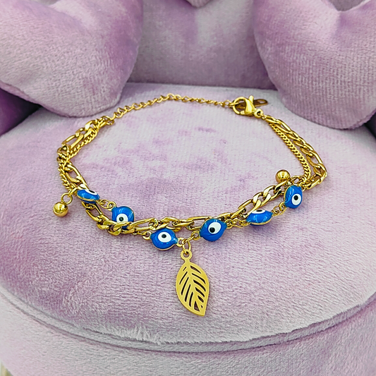 Gold Plated Evil Eye Leafy Bracelet