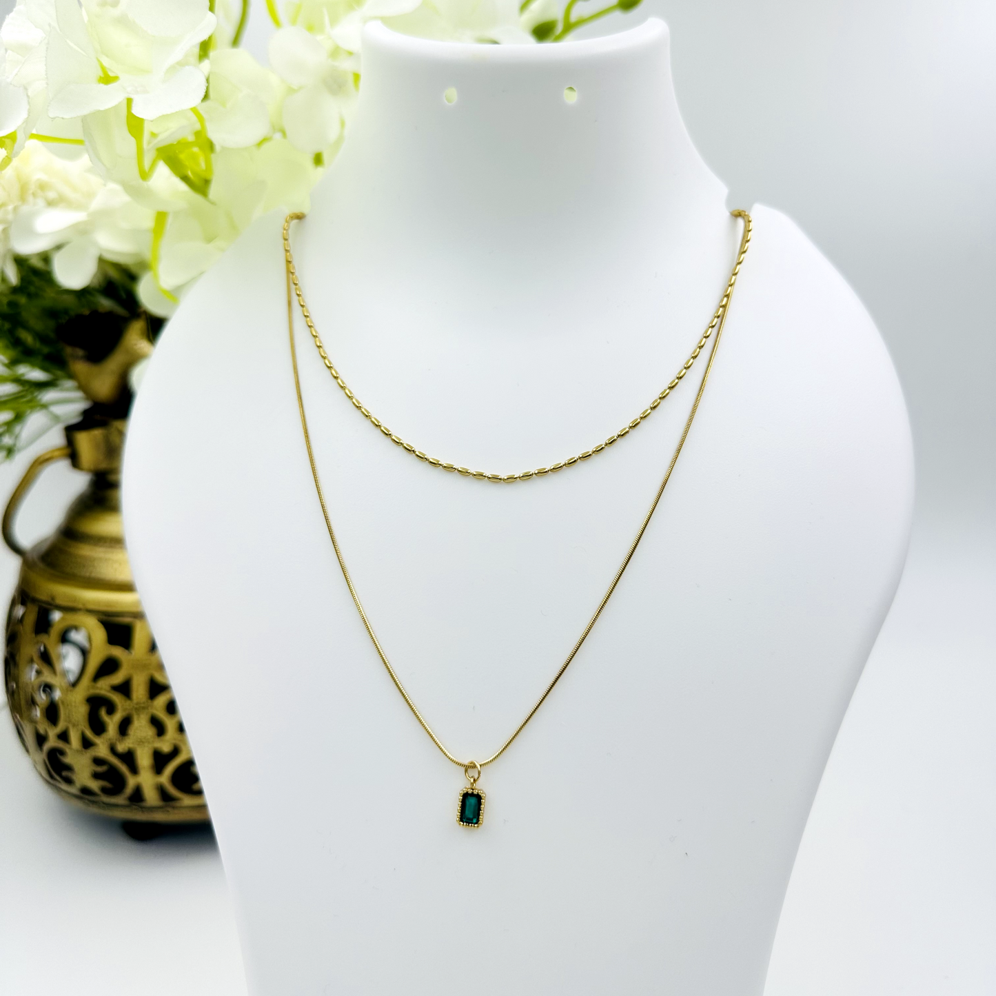 Green Double Layered Gold Plated Necklace