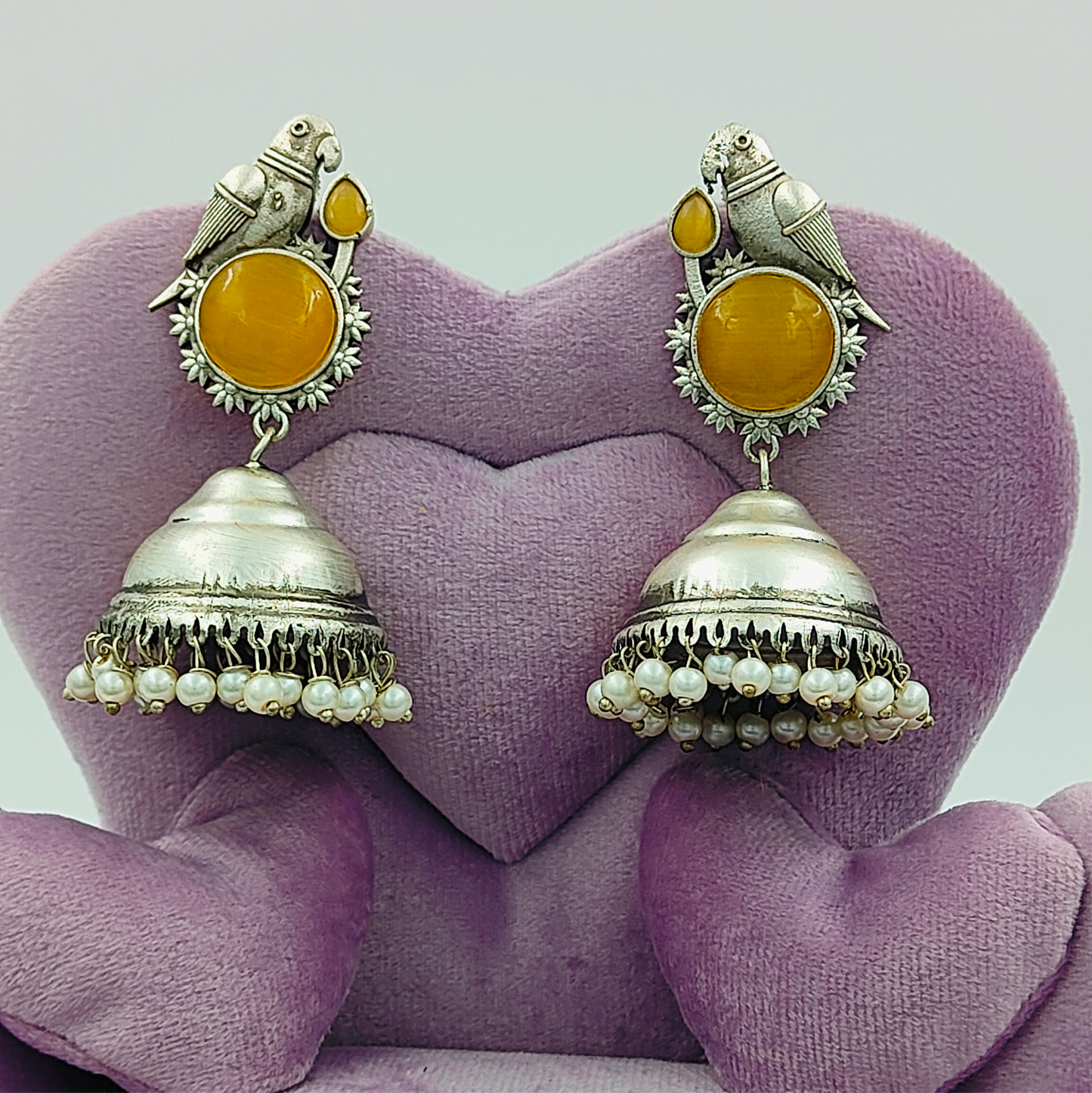 Lookalike Silver Plated Parrot Monalisa Stone Jhumka