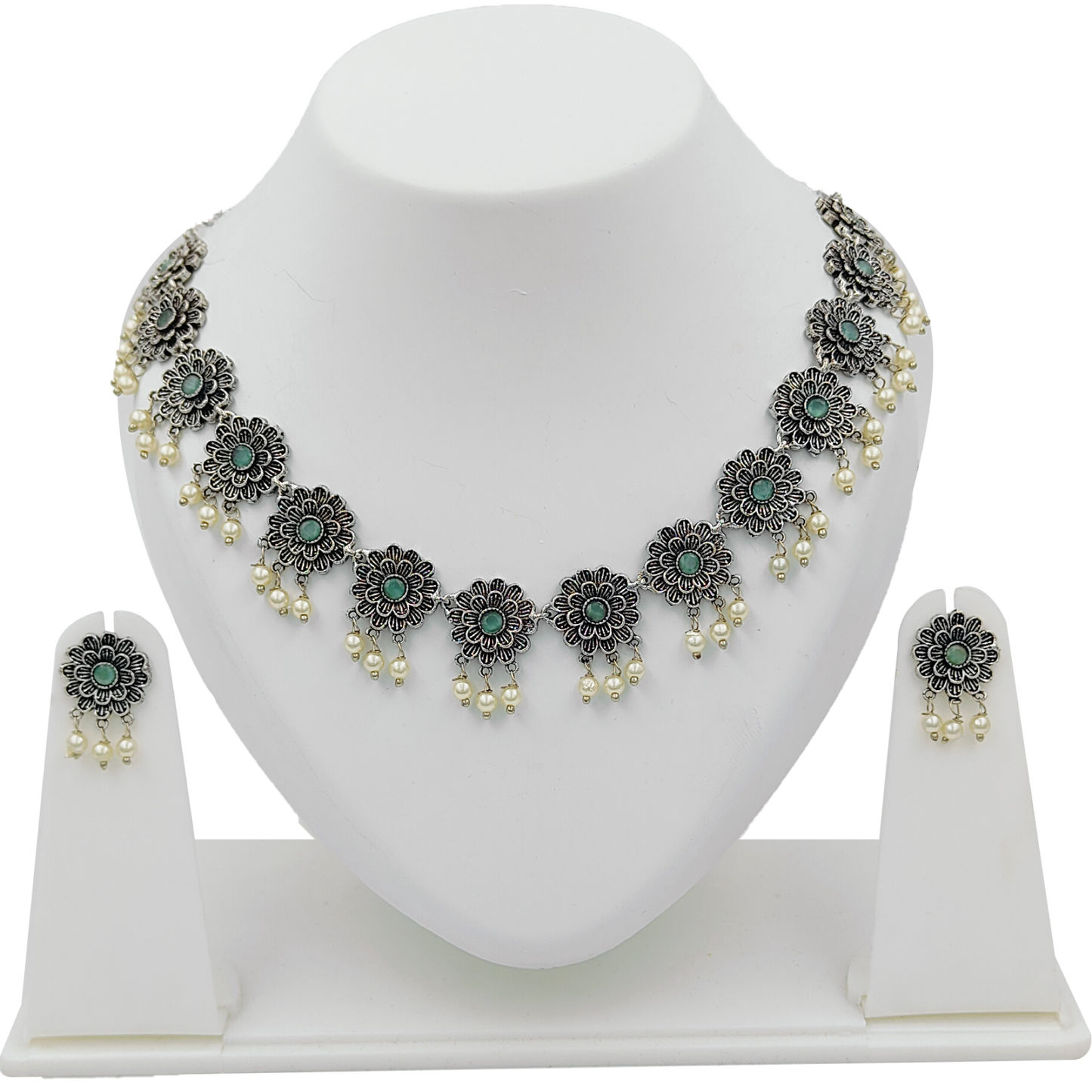Mint Green Oxidised Silver Plated Jewellery Set