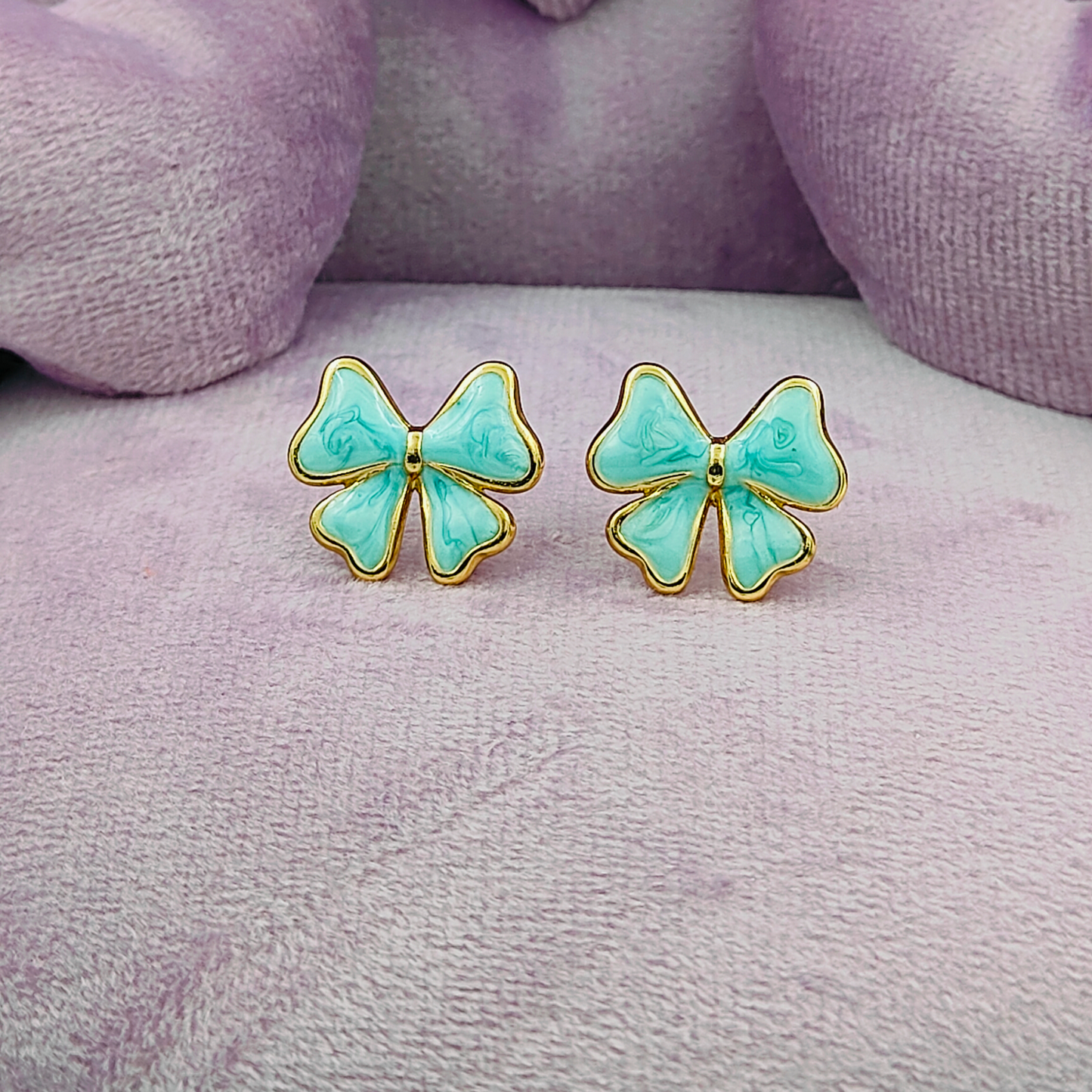 Mint Green Little Cute Bow Gold Plated Earrings