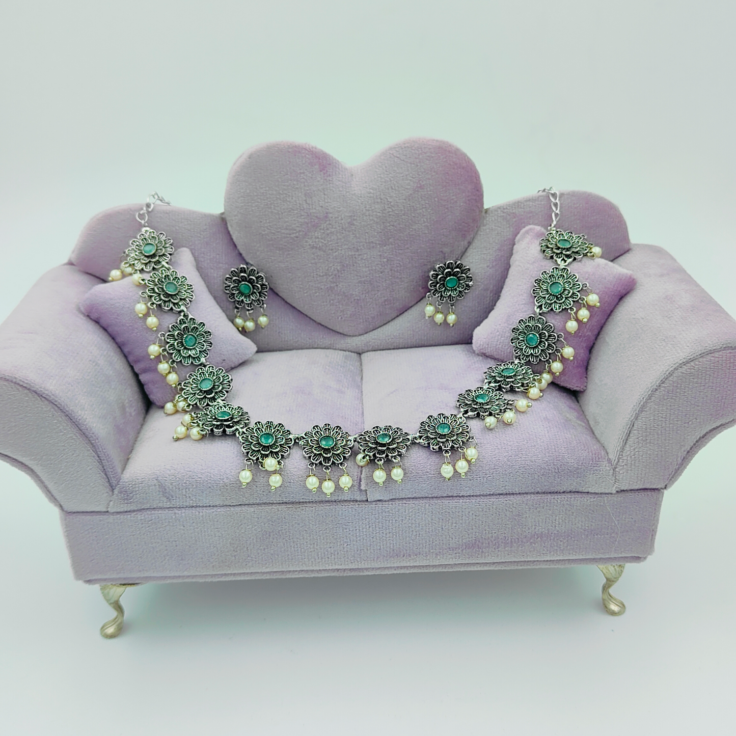 Mint Green Oxidised Silver Plated Jewellery Set