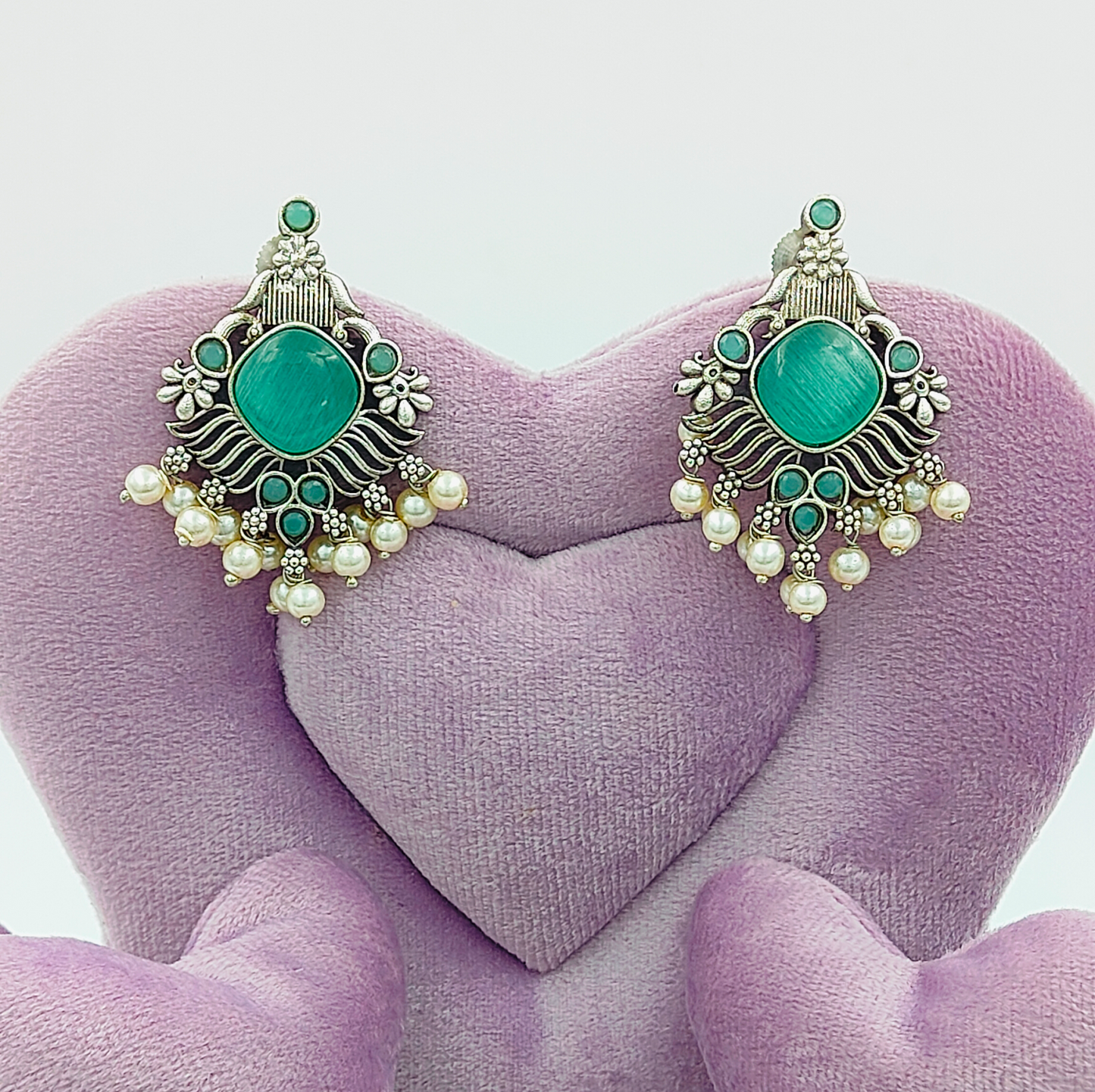Oxidised SILVER Toned FUX EMERALD Studded Embellished With Pearl Earrings