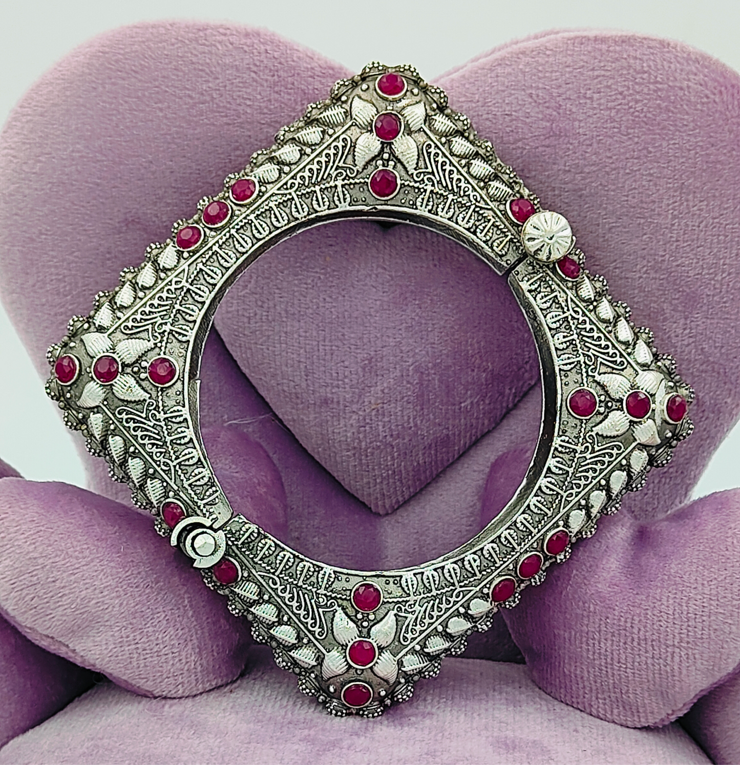 Pink Stone Silver Oxidised Screw Kada