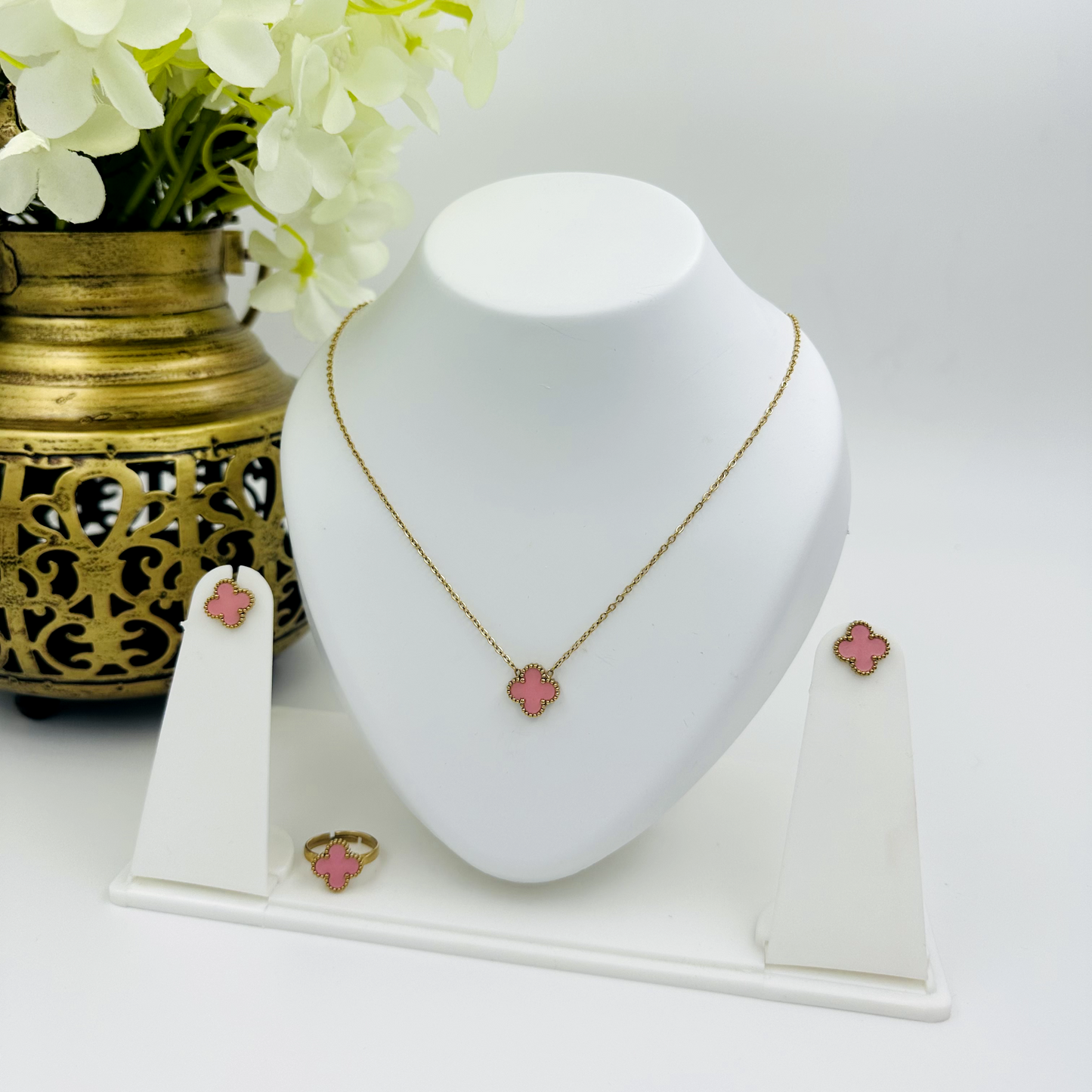 Pink Single Clover Necklace Set