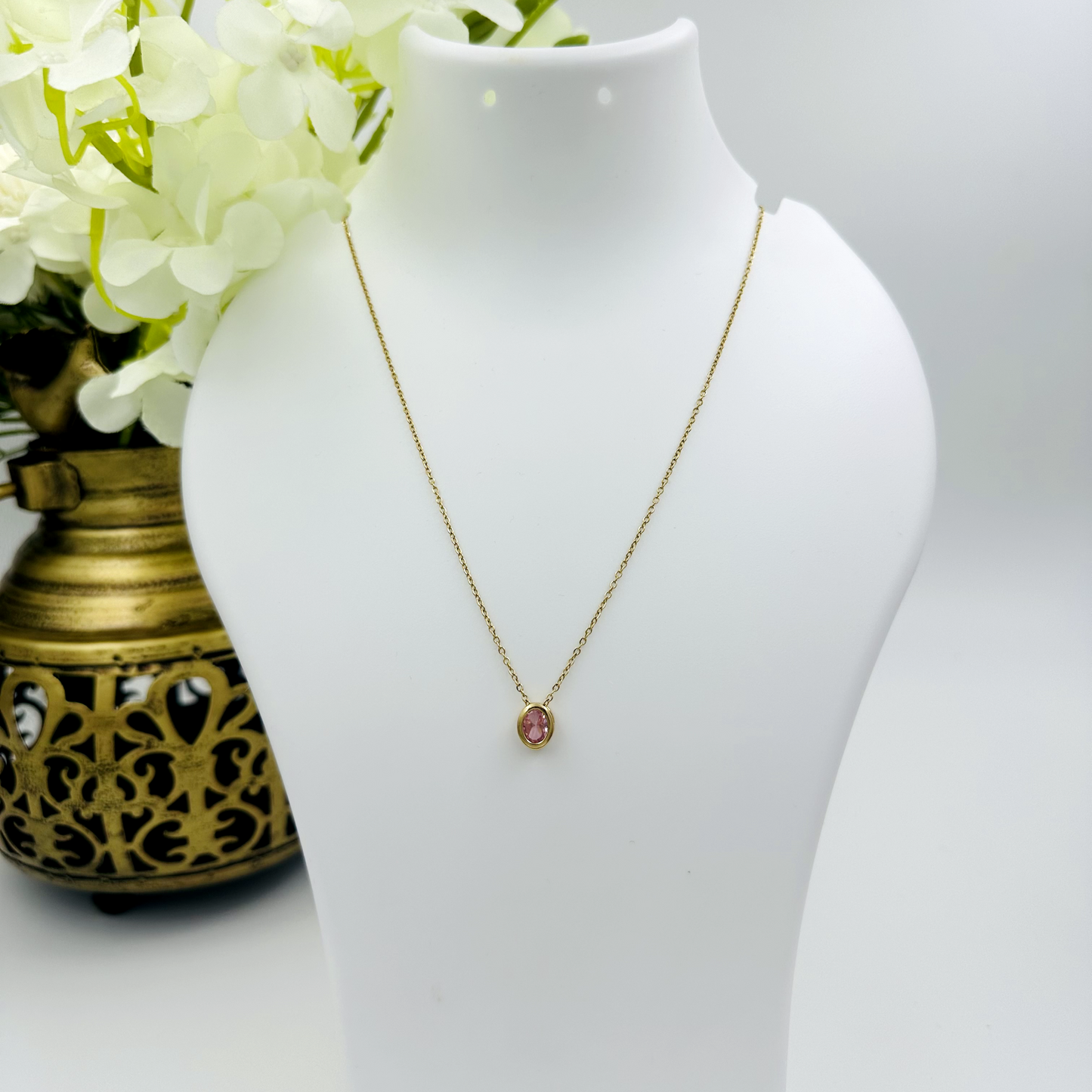 Pink Stone Oval Golden Necklace