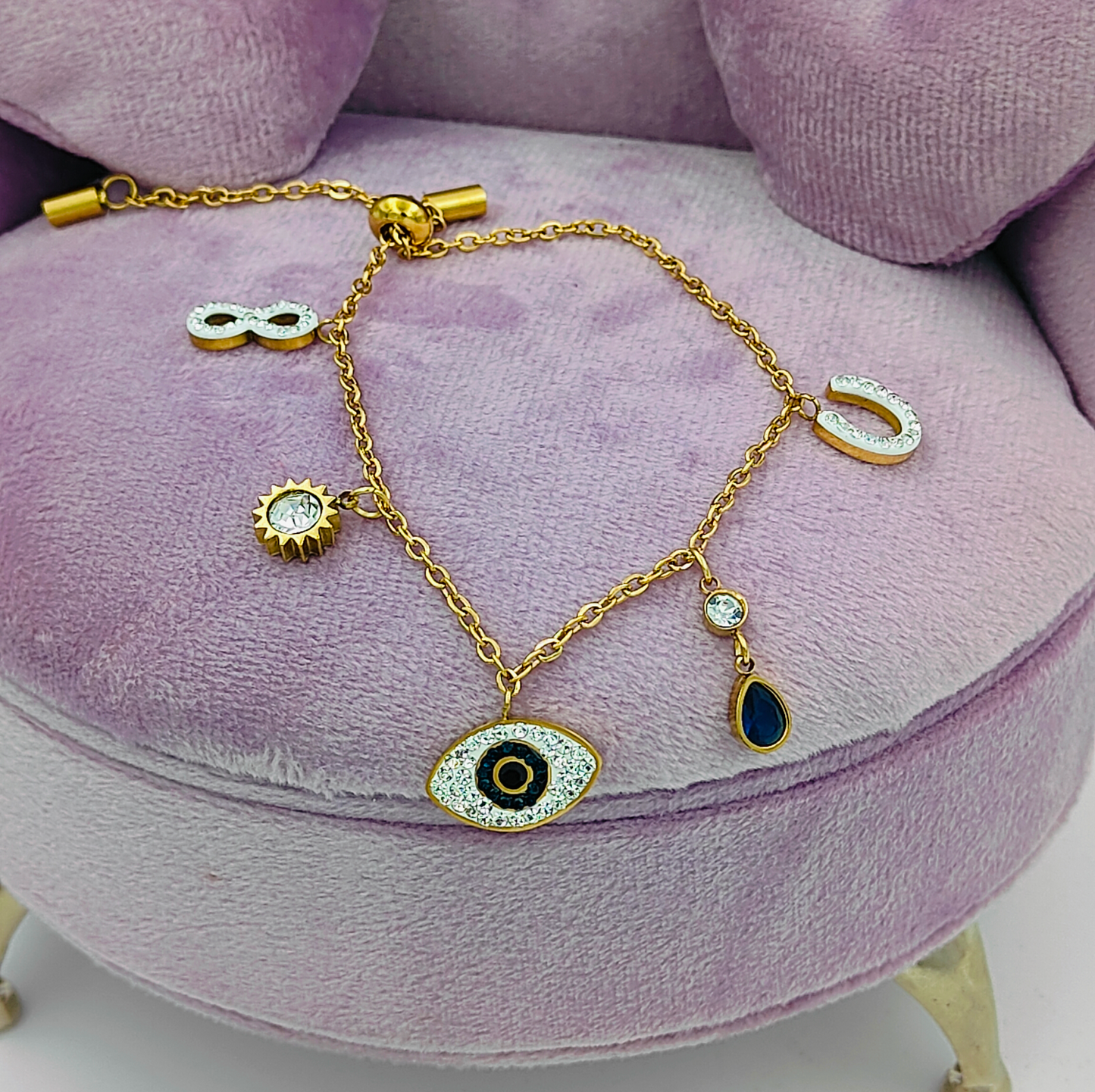 Stainless Steel Gold Plated Evil Eye Charm Bracelet