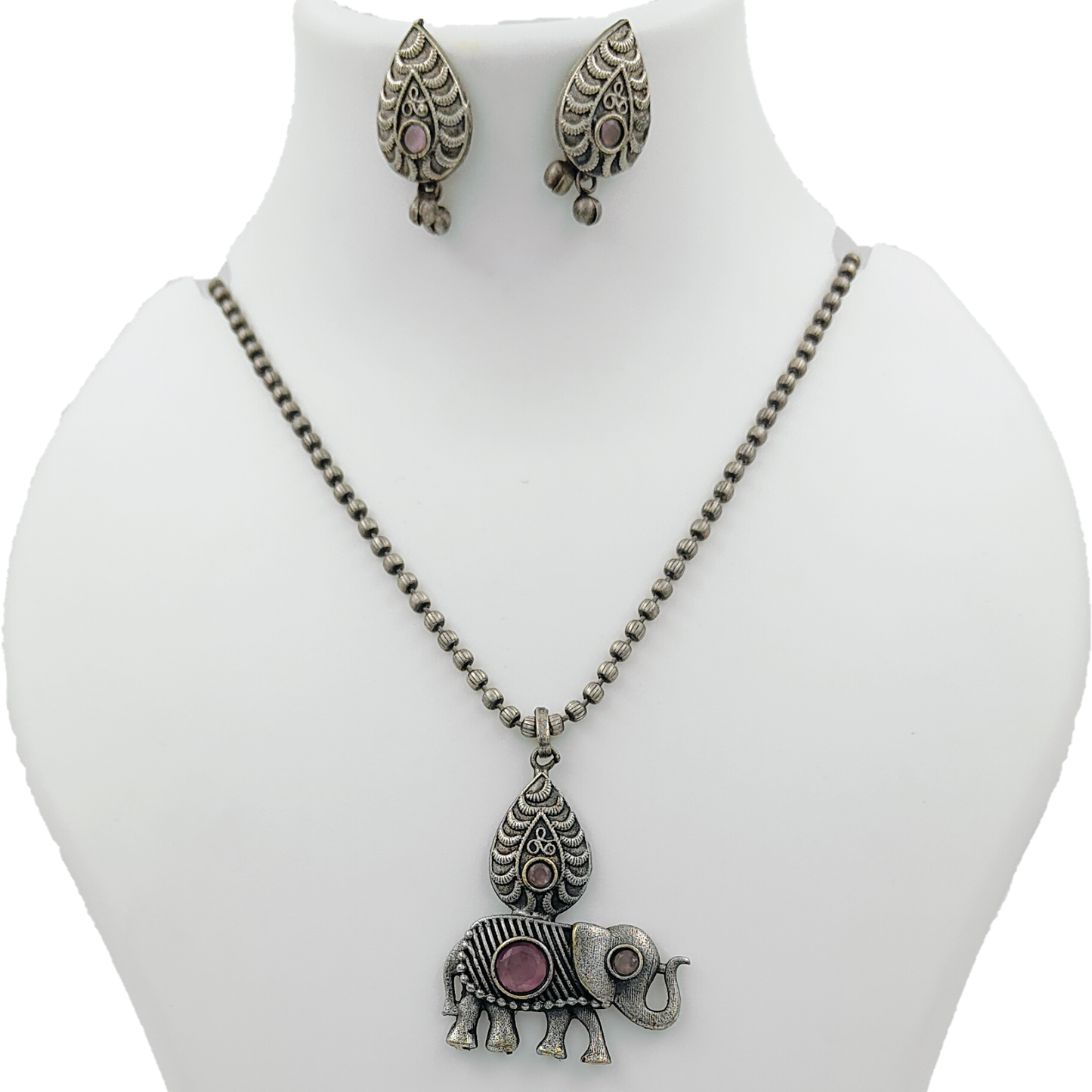 Trending Elephant Pink Stone Silver Plated Jewellery Set