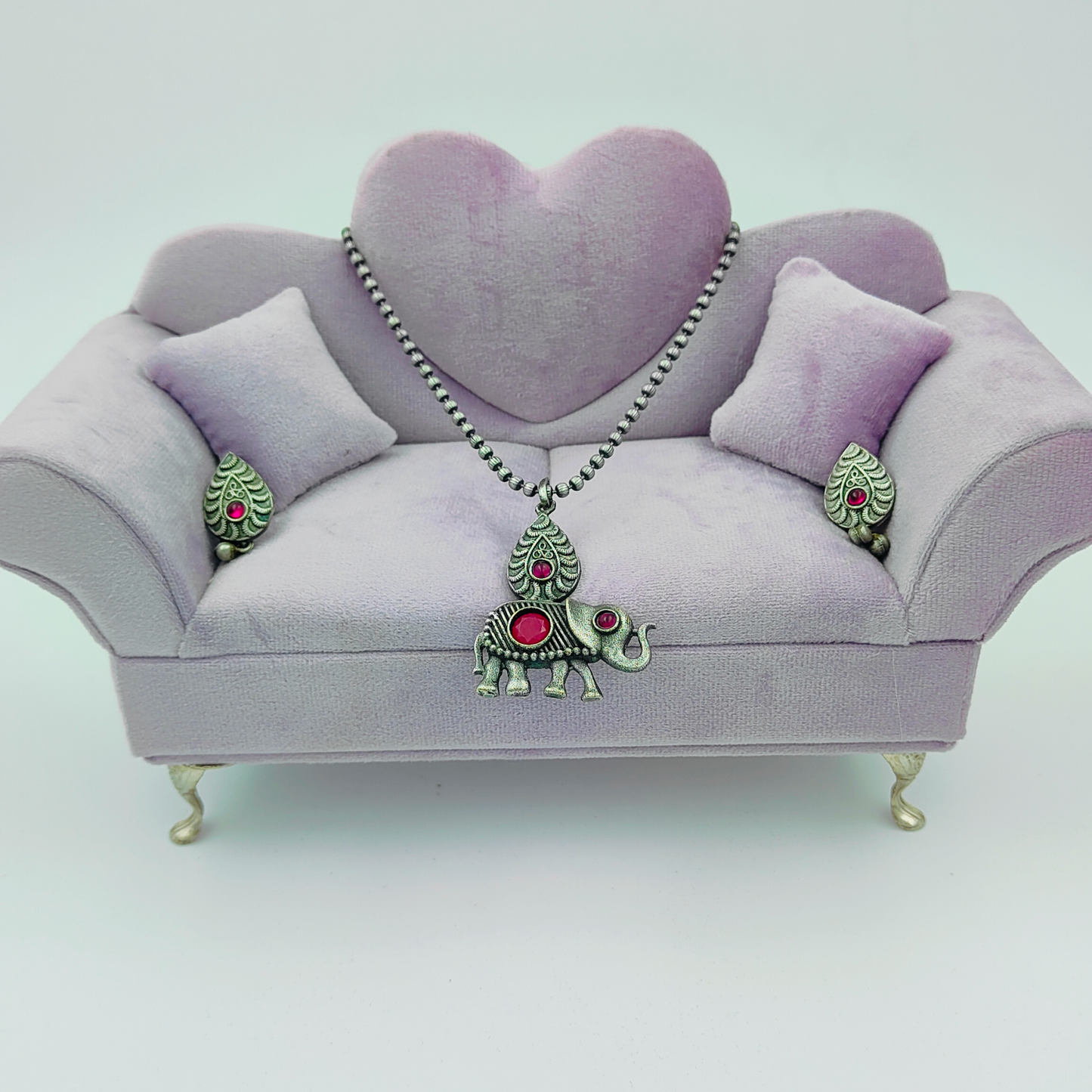 Trending Elephant Magenta Pink Stone Silver Plated Jewellery Set