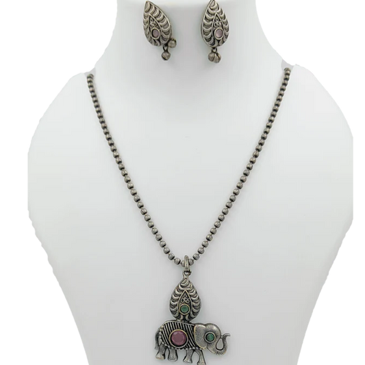 Trending Elephant  Multicoloured Stone Silver Plated Jewellery Set