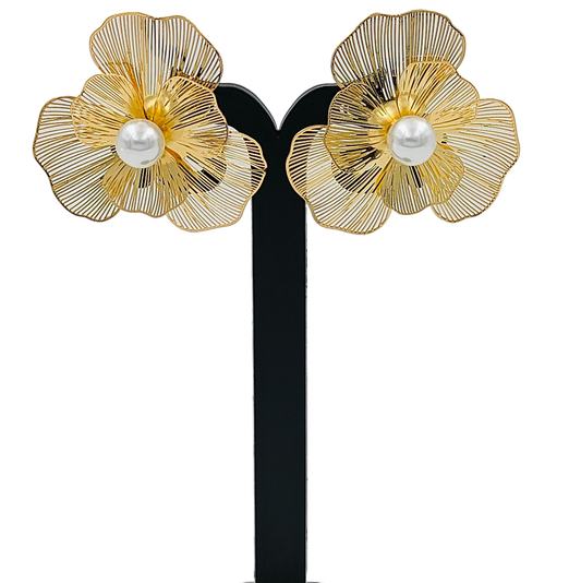 Golden Petals Pearl Elegant Stud Earrings