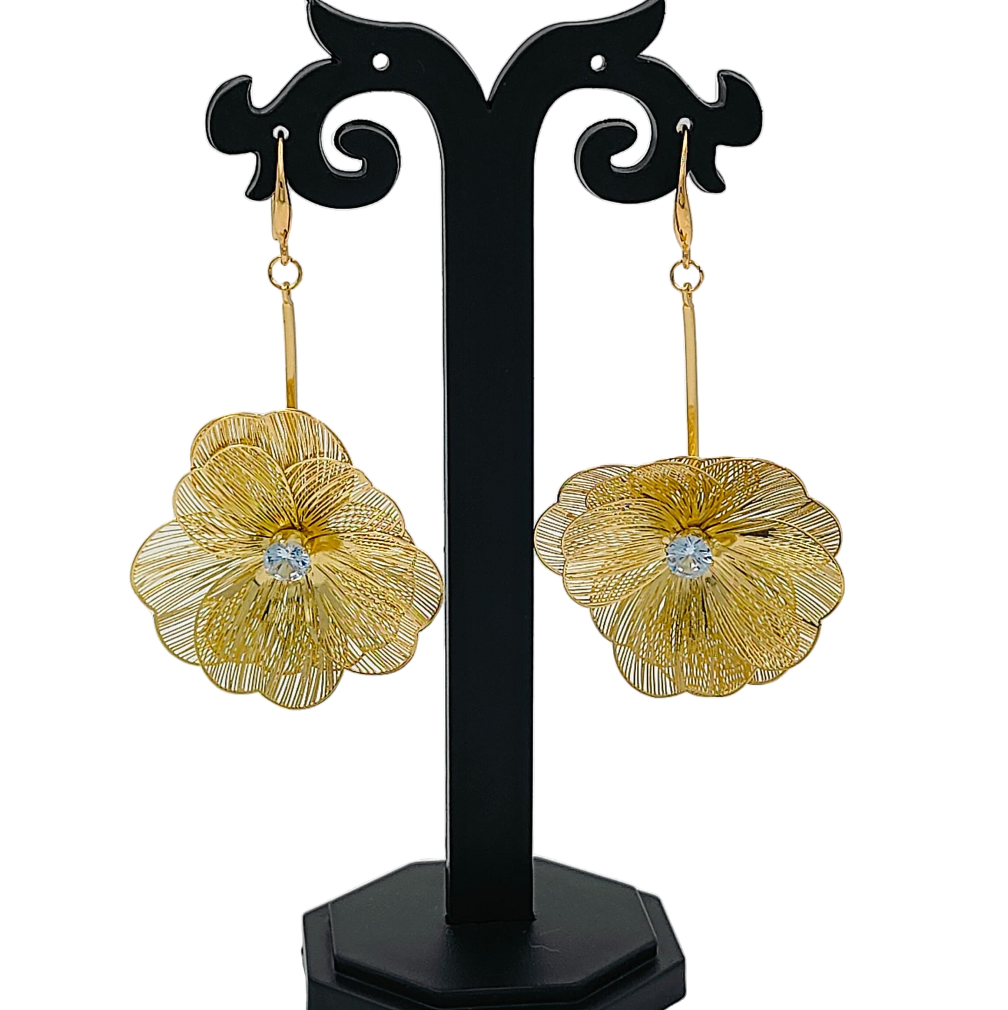 Golden Blossom Drop Earrings With Central Gemstone