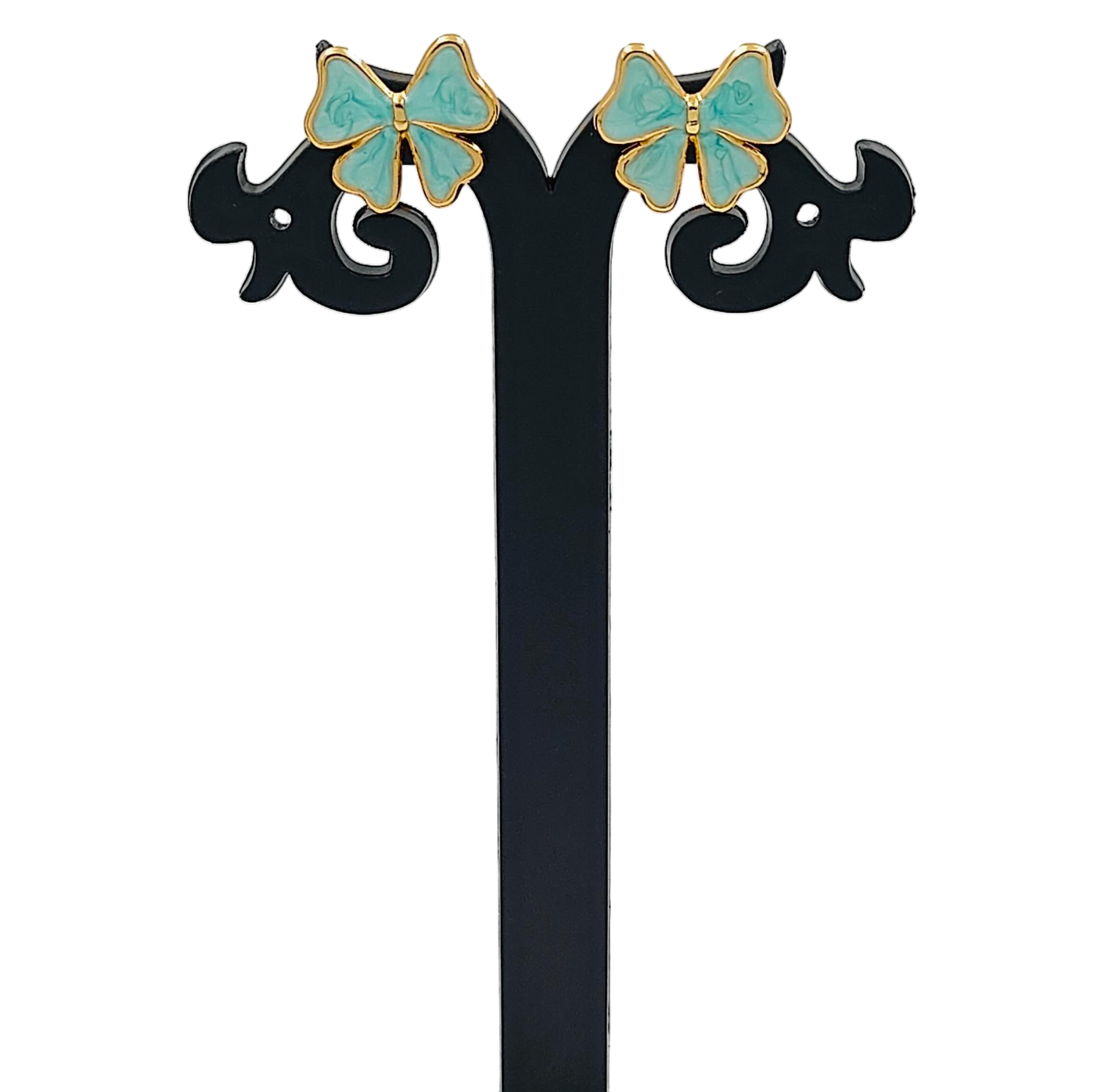 Mint Green Little Cute Bow Gold Plated Earrings