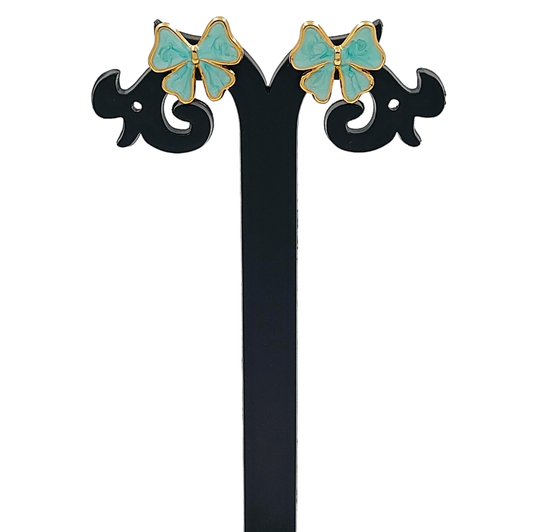 Mint Green Little Cute Bow Gold Plated Earrings