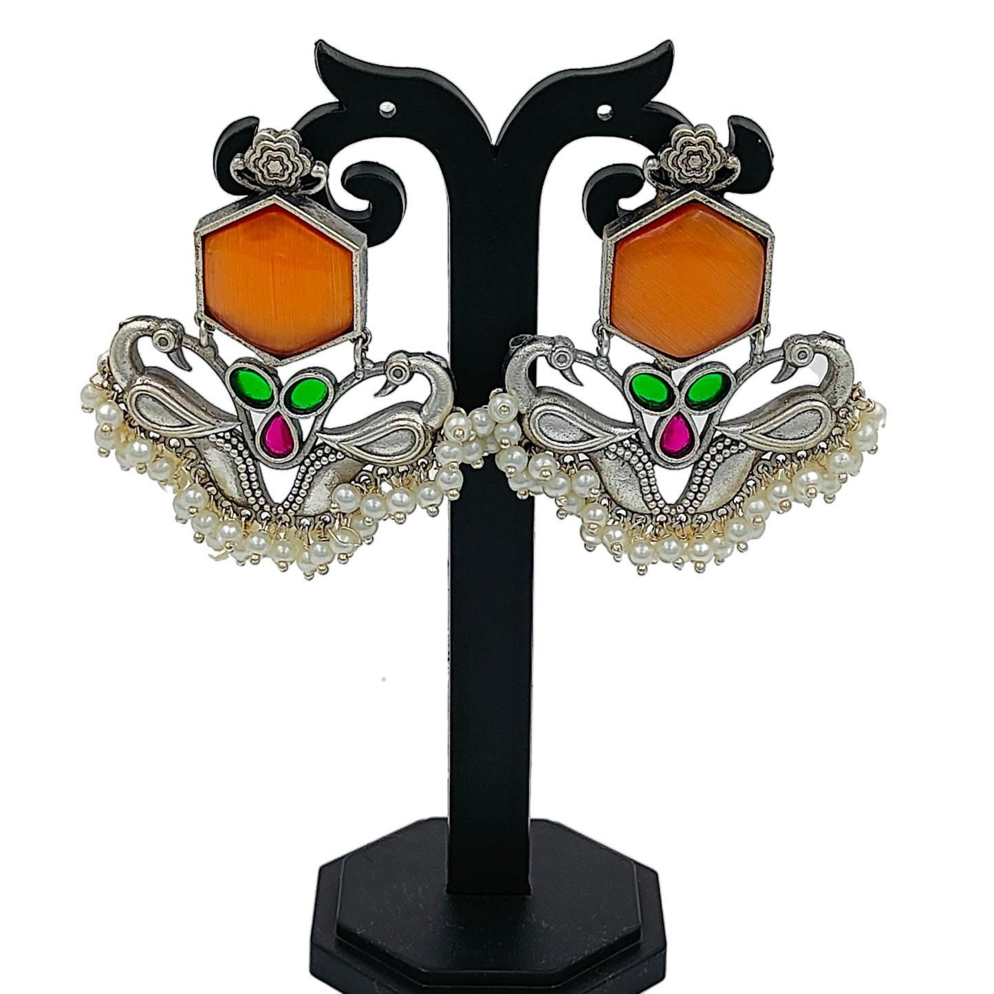 Orange Peacock Monalisa Silver Oxidized Earrings