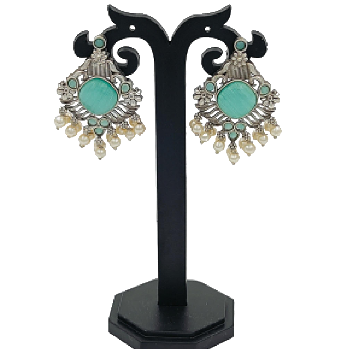 Oxidised SILVER Toned FUX EMERALD Studded Embellished With Pearl Earrings